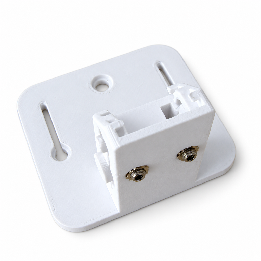 White PETG camera mount shown from its locking side, with two metal fastener positions and a slotted mounting plate.