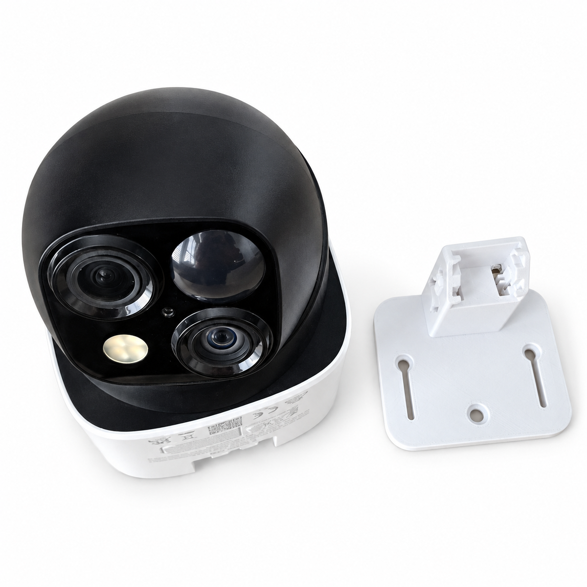 Camera beside the separate white mount to demonstrate fit. Only the mount and screws are included; camera is not included.