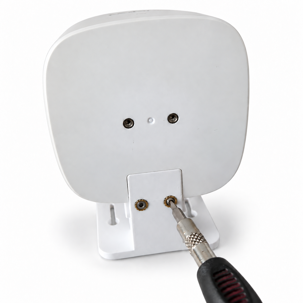 Hex screwdriver engaged with the mount locking screw while the camera is seated. Camera and screwdriver are not included.