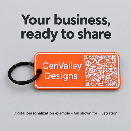 AI-assisted digital example: orange rectangular PETG QR keychain with raised white CenValley Designs text and black ring. QR is illustrative, not a scanning demonstration.